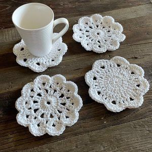 SALE! 4 Crocheted White Flower Coasters/Doilies